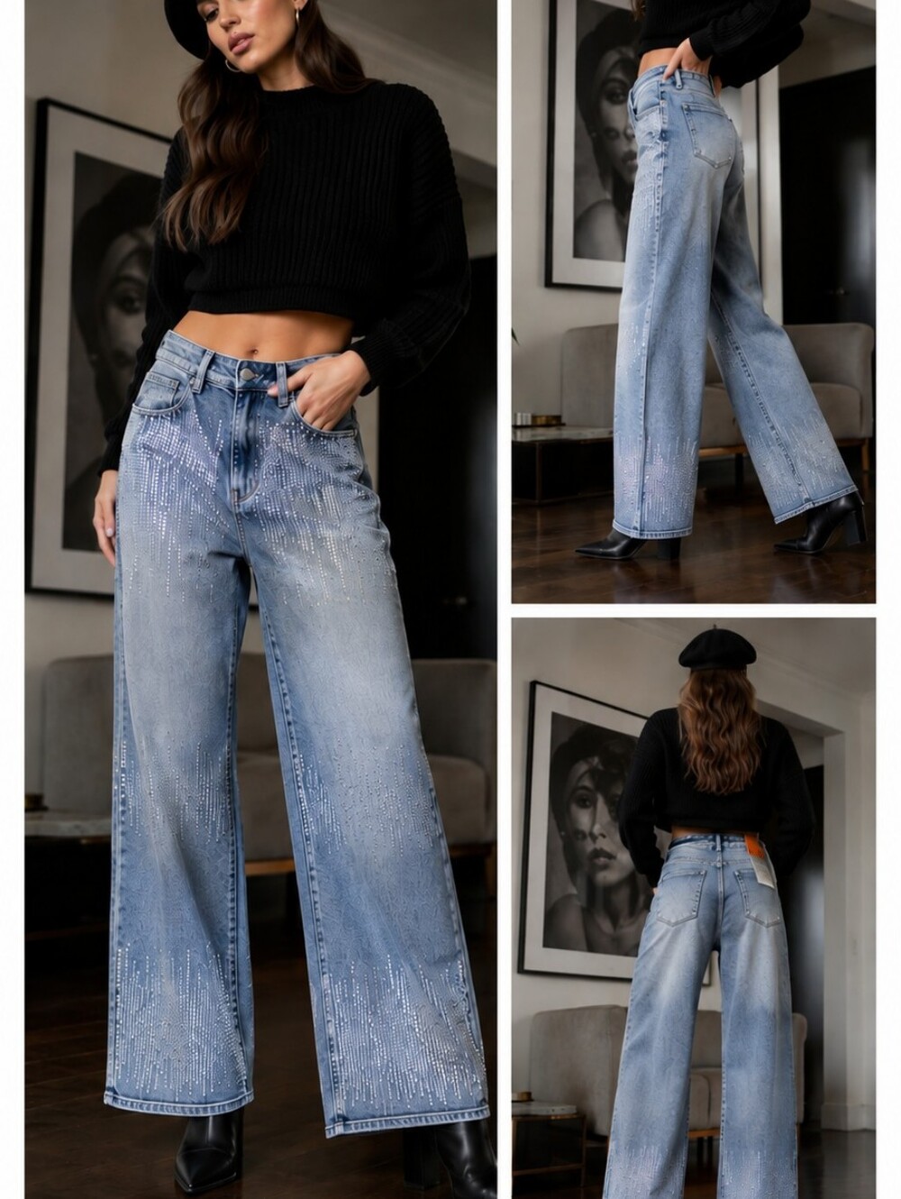 American Bazi Light Blue Rhinestone Wide Leg Jeans